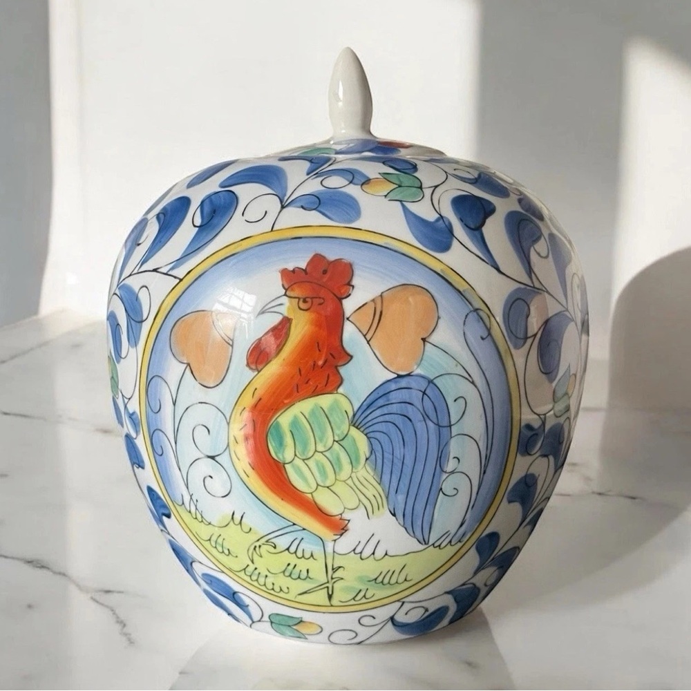 Rooster Ceramic Ginger Jar Blue White Finial Lid Italian Folk Art Farmhouse